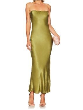 SNDYS Strapless Olive Satin Slip Dress